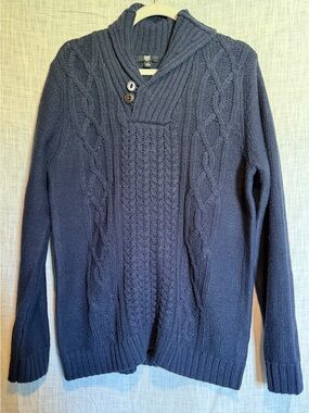 Frye Men's Fisherman Cable Knit Shawl Collar Sweater - Navy Blue M